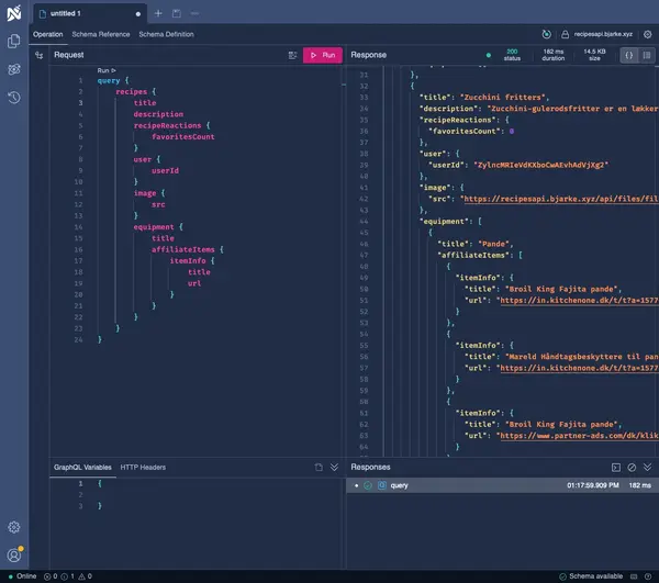 Screenshot of a GraphQL query